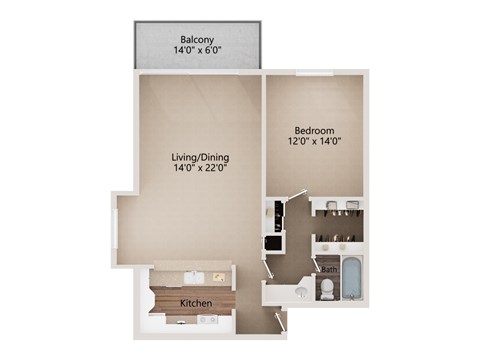 Floor plan for 1 bed, 1 bath, 789 sqft